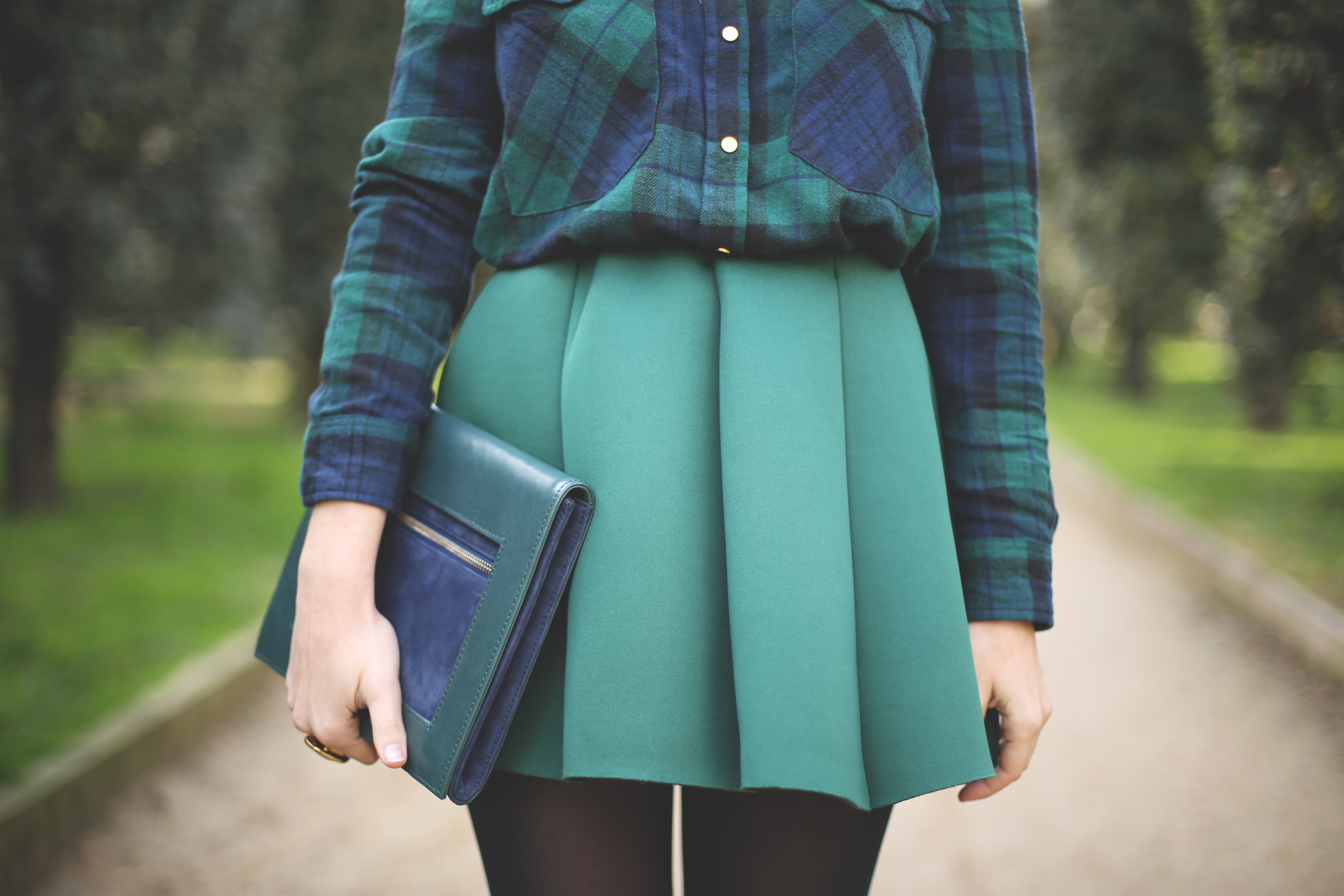 Outfit, green skirt, neoprene, plaid shirt, camisa cuadros, fashion blogger, street style, blue coat, falda verde, 